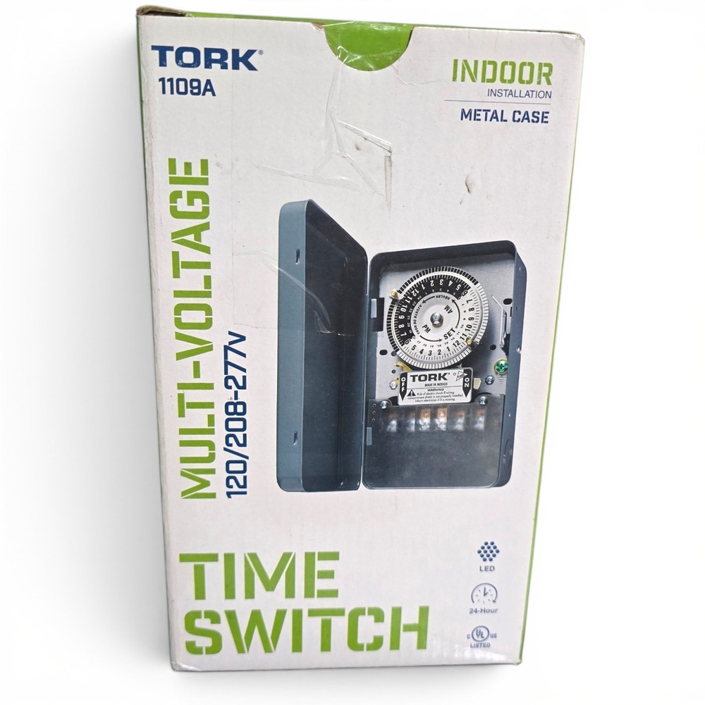 Tork 1109A Multi-Voltage 24 Hour Time Switch 120/208-277V Indoor Metal Case Gray